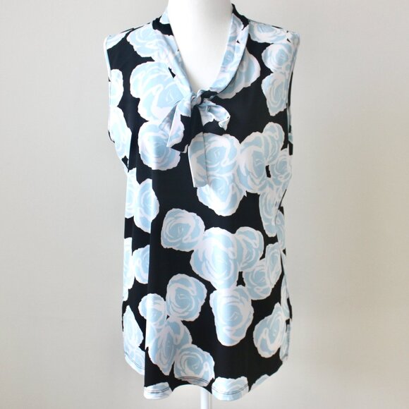 Jones New York Signature Navy Blue Floral Sleeveless Bow Neck Blouse Medium - Picture 1 of 6